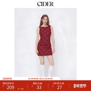 CIDER棉混纺圆领格纹迷你连衣裙(带腰带)115033288