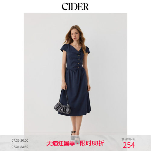 CIDER2026春季新品不对称领格子抽褶绑带中长伞裙连衣裙115041914