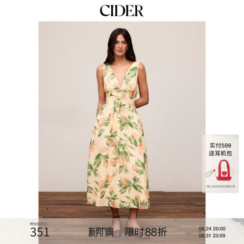 CIDER2026春季新品水果印花V领高腰垂坠大摆长连衣裙115387775