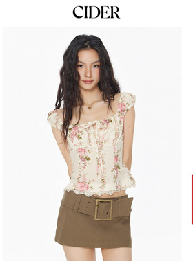 CIDER 碎花蕾丝边褶皱法式方领衬衫短袖衬衣114514790