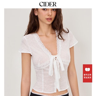 【明星同款】CIDER棉刺绣蝴蝶结法式蕾丝衬衫114326439