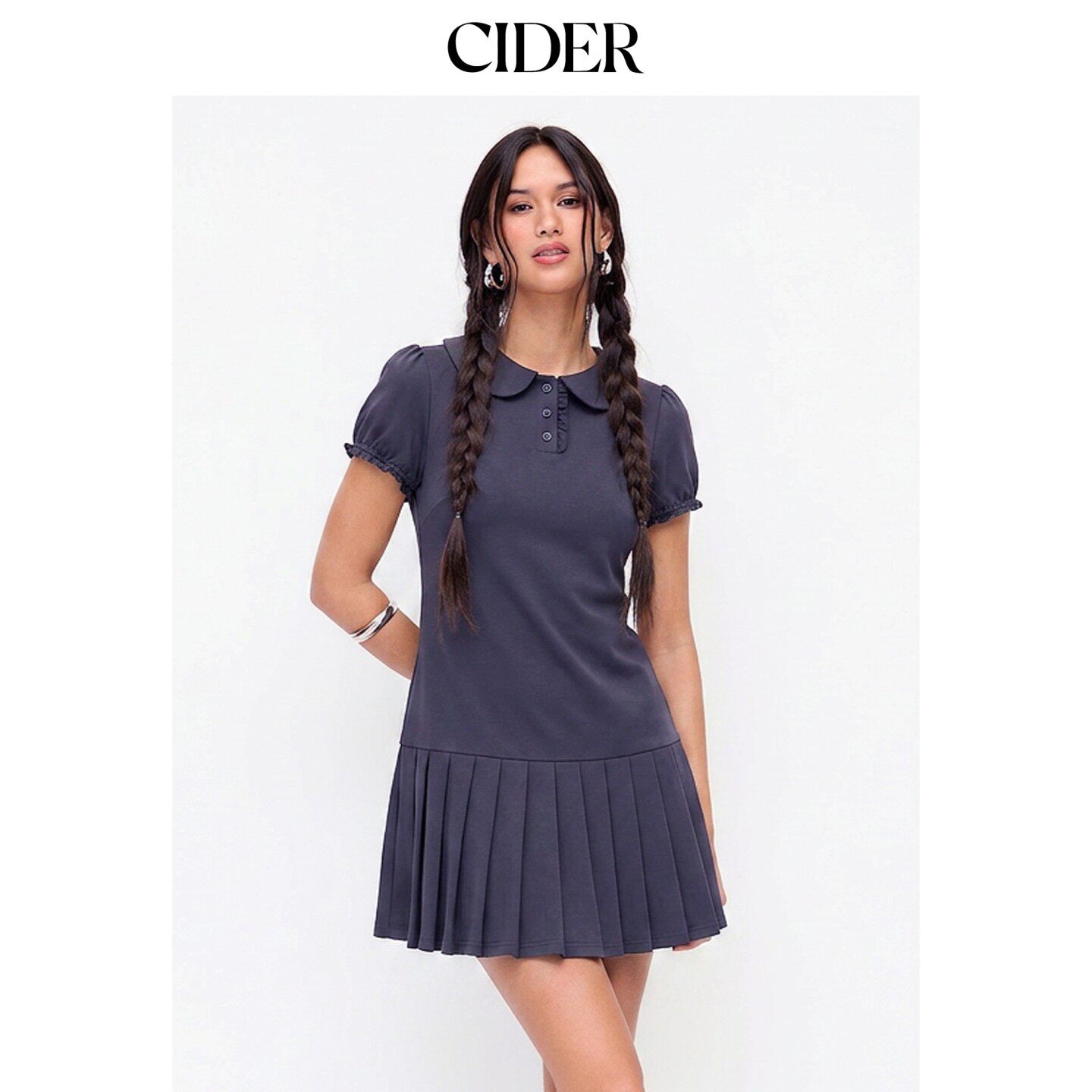 CIDER棉混纺彼得潘翻领泡泡袖褶饰衬衫迷你连衣裙115485953
