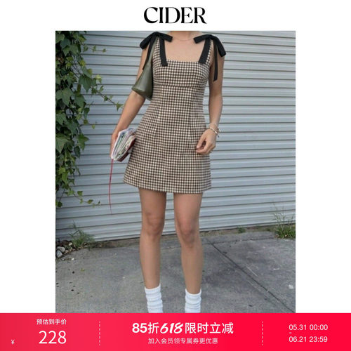 CIDER2026春季新品棉混纺方领蝴蝶结格纹A字迷你连衣裙115220090