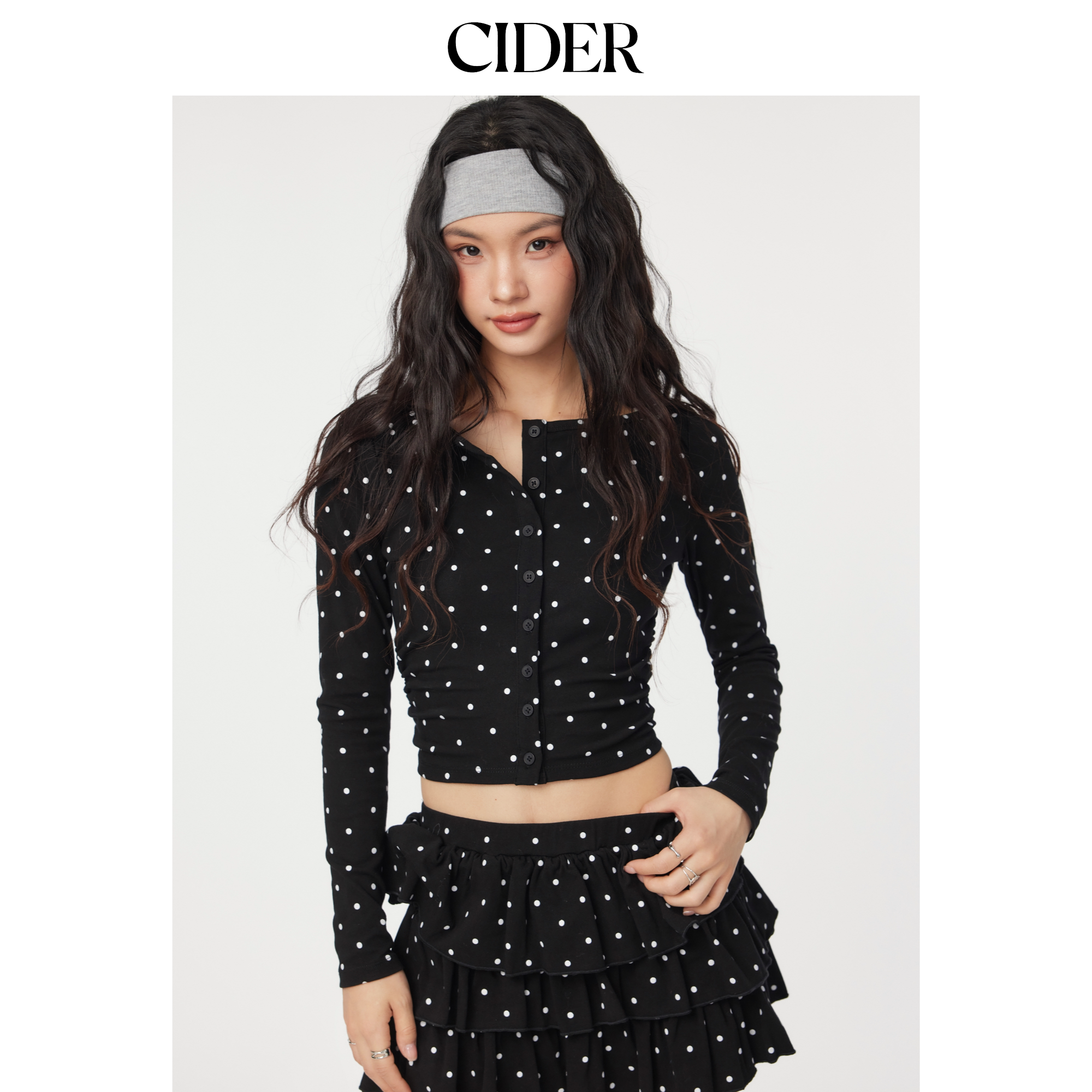 CIDER棉波点船领长袖上衣迷你半身裙套装女装114863932图片