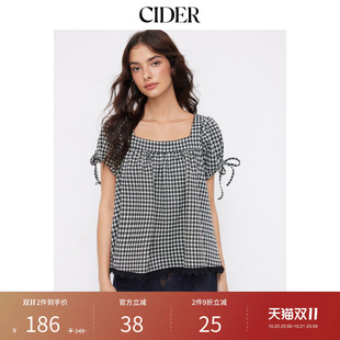 CIDER2026早秋穿搭方领泡泡袖格子束腰上衣115105358