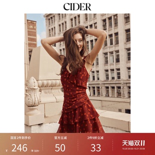 【明星同款】CIDER酒红色樱桃印花无袖低领连衣裙115137403