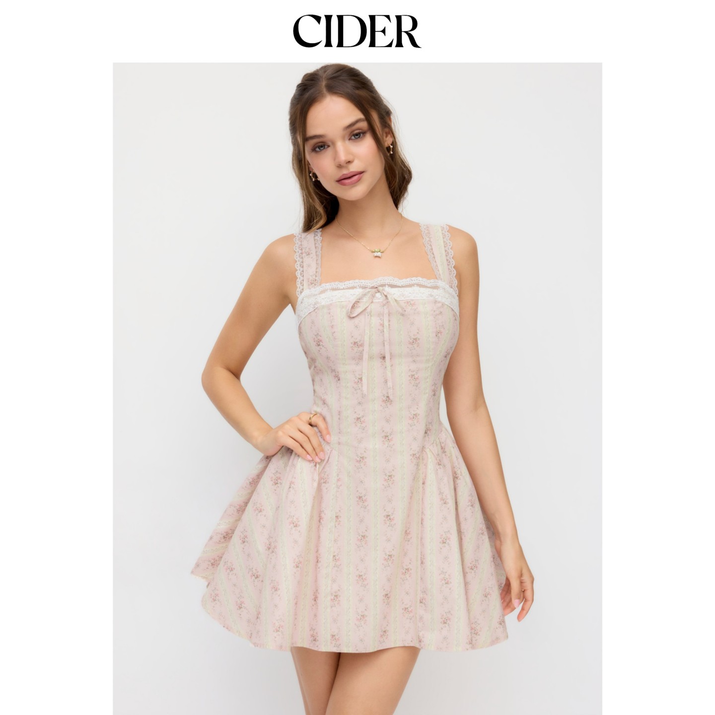 CIDER2026夏季新品碎花方领蕾丝蝴蝶结喇叭迷你连衣裙115419503