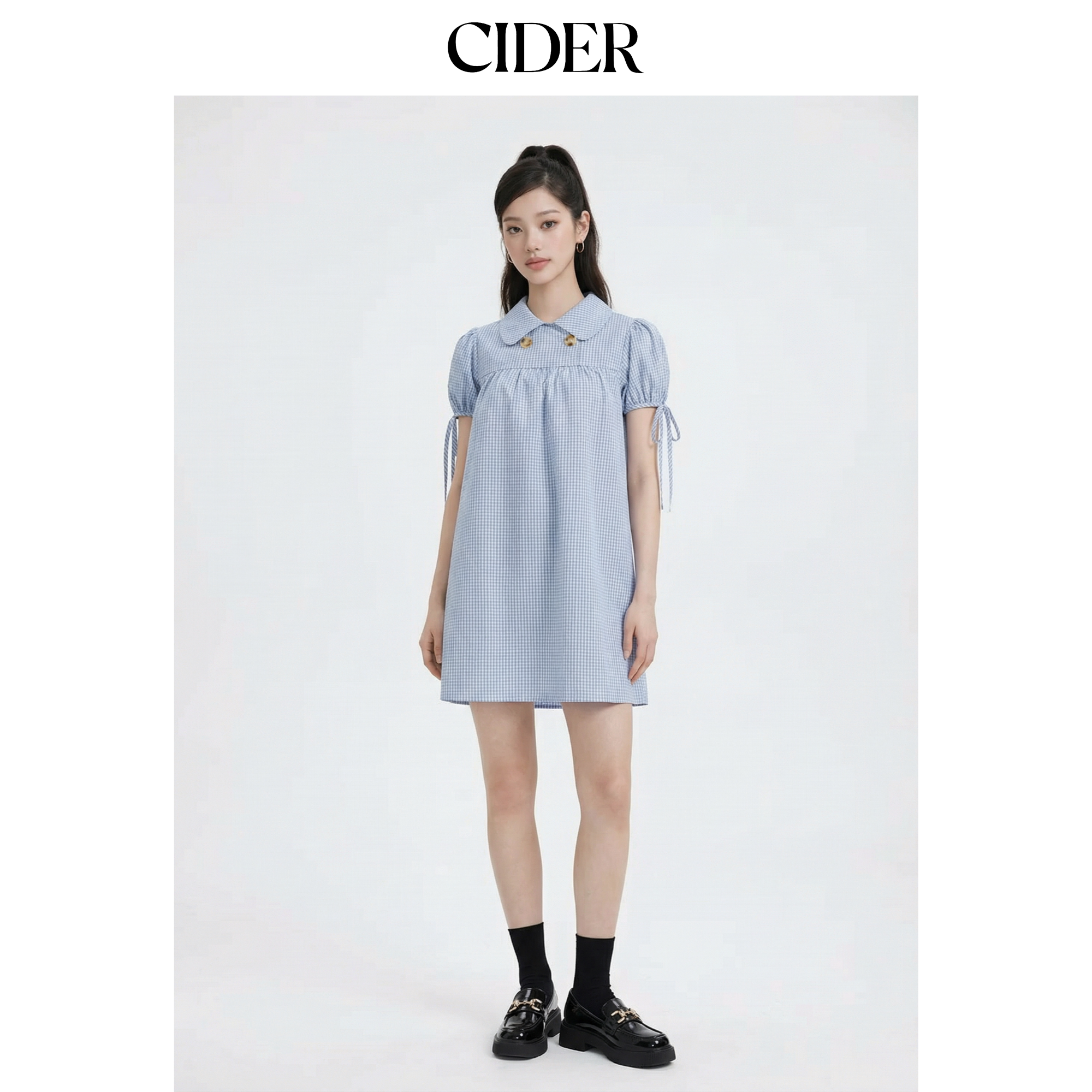 CIDER2026早秋穿搭棉质混纺彼得潘领格纹抽绳迷你连衣裙115161449图片