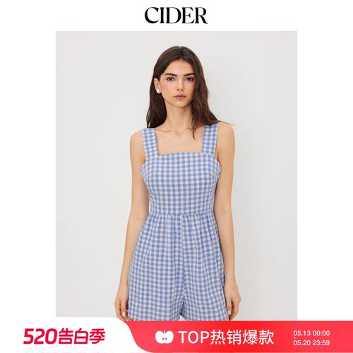CIDER夏季新品女装全棉方领格纹蝴蝶结连体裤114521875