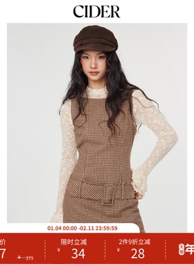 CIDER船领格纹无袖棕色短款千鸟格美式复古连衣裙114792418