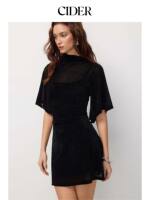 CIDER velvet mesh stand-up collar ruffled sleeve A-line mini dress 115798260 thumbnail 4
