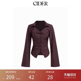 CIDER春秋新品女装棉翻领格子褶皱喇叭袖上衣114813612
