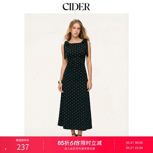 CIDER圆点蝴蝶结棉混纺船领中长连衣裙115091976