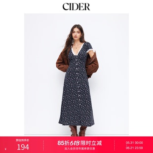 CIDER碎花V领短袖蕾丝镶边纽扣长连衣裙115004694