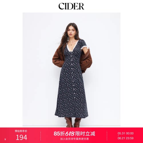 CIDER碎花V领短袖蕾丝镶边纽扣长连衣裙115004694