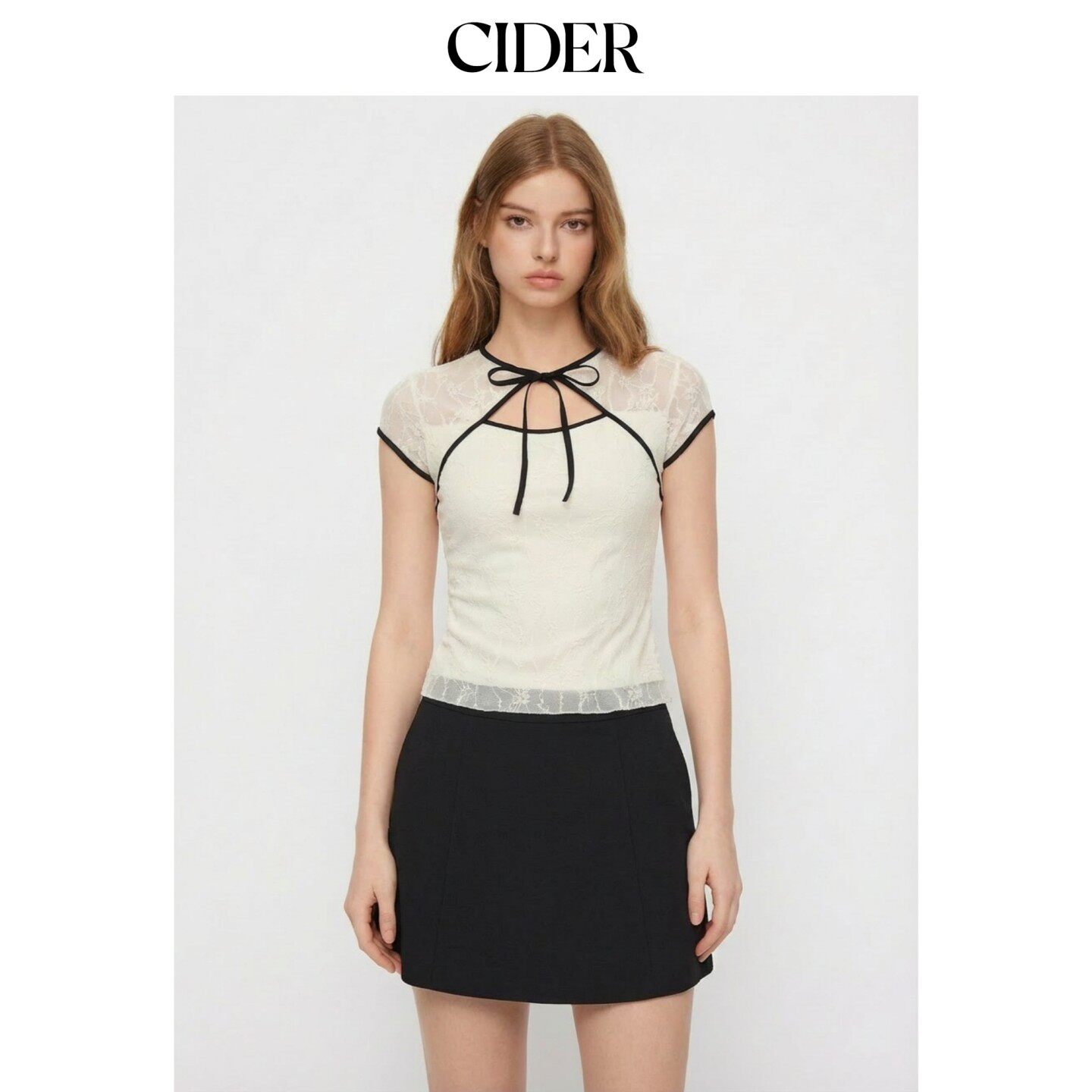 CIDER2026早秋季新品碎花撞色镶边镂空系带短袖短款上衣111919620图片