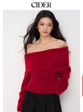 【明星同款】CIDER新年穿搭针织露肩一字肩红色毛衣上衣115003553