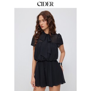 CIDER2026春季新品雪纺翻领泡泡袖蝴蝶结抽绳褶边连体裤115342775