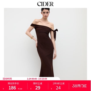 CIDERchic优雅风露肩蝴蝶结一字肩长款收腰连衣裙114444307