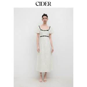 CIDER2026春季新品蕾丝方领泡泡袖蝴蝶结A字长连衣裙115213709