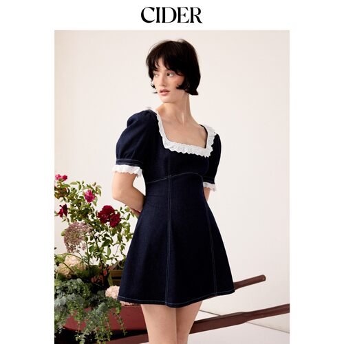 CIDER弹力牛仔方领泡泡袖蕾丝镶边A字迷你连衣裙115645691
