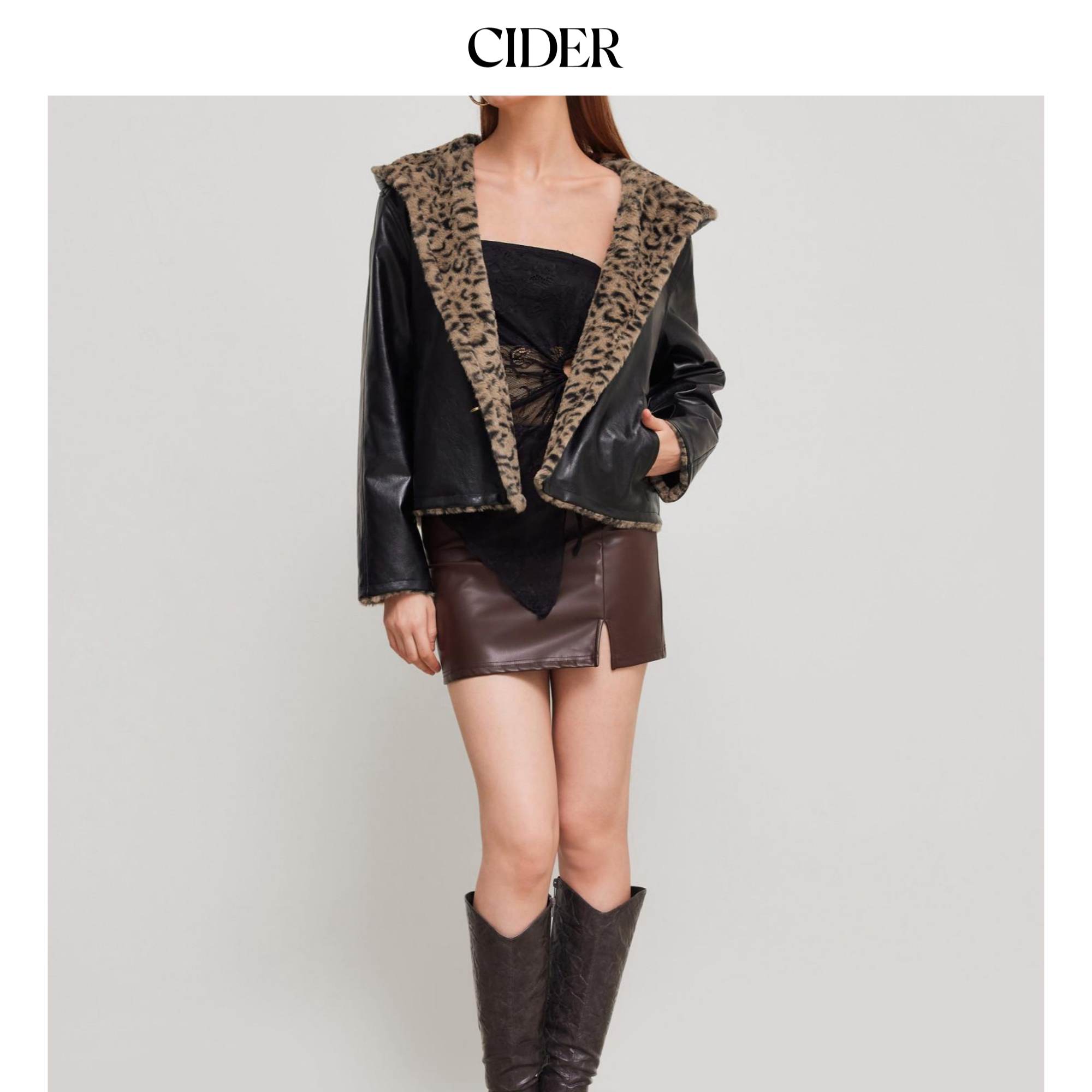 CIDER 秋冬新品女装仿羊羔毛豹纹内衬连帽夹克11381328