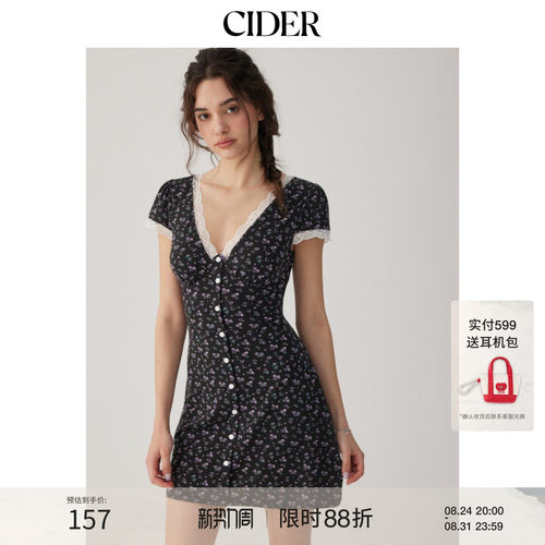 CIDER2026春季新品碎花V领蕾丝边高腰A字迷你连衣裙115285474