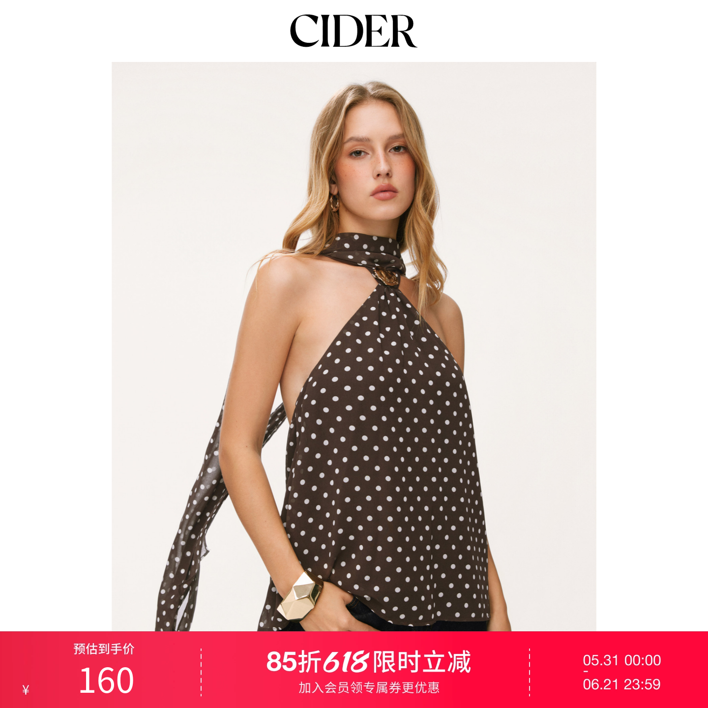 CIDER金属装饰露背挂脖圆点雪纺短上衣115038570