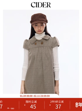 CIDER彼得潘翻领美式复古格子纽扣迷你短袖针织连衣裙114967589