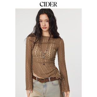 CIDER都市游牧风美式 针织上衣女114797631 穿搭蕾丝船领下摆灯笼袖