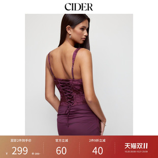 CIDER棉混纺蕾丝甜心领褶皱系带束身修身迷你连衣裙115802724