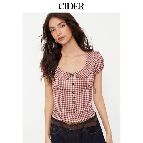 CIDER2026春季新品红格纹彼得潘翻领泡泡袖短款上衣115126659