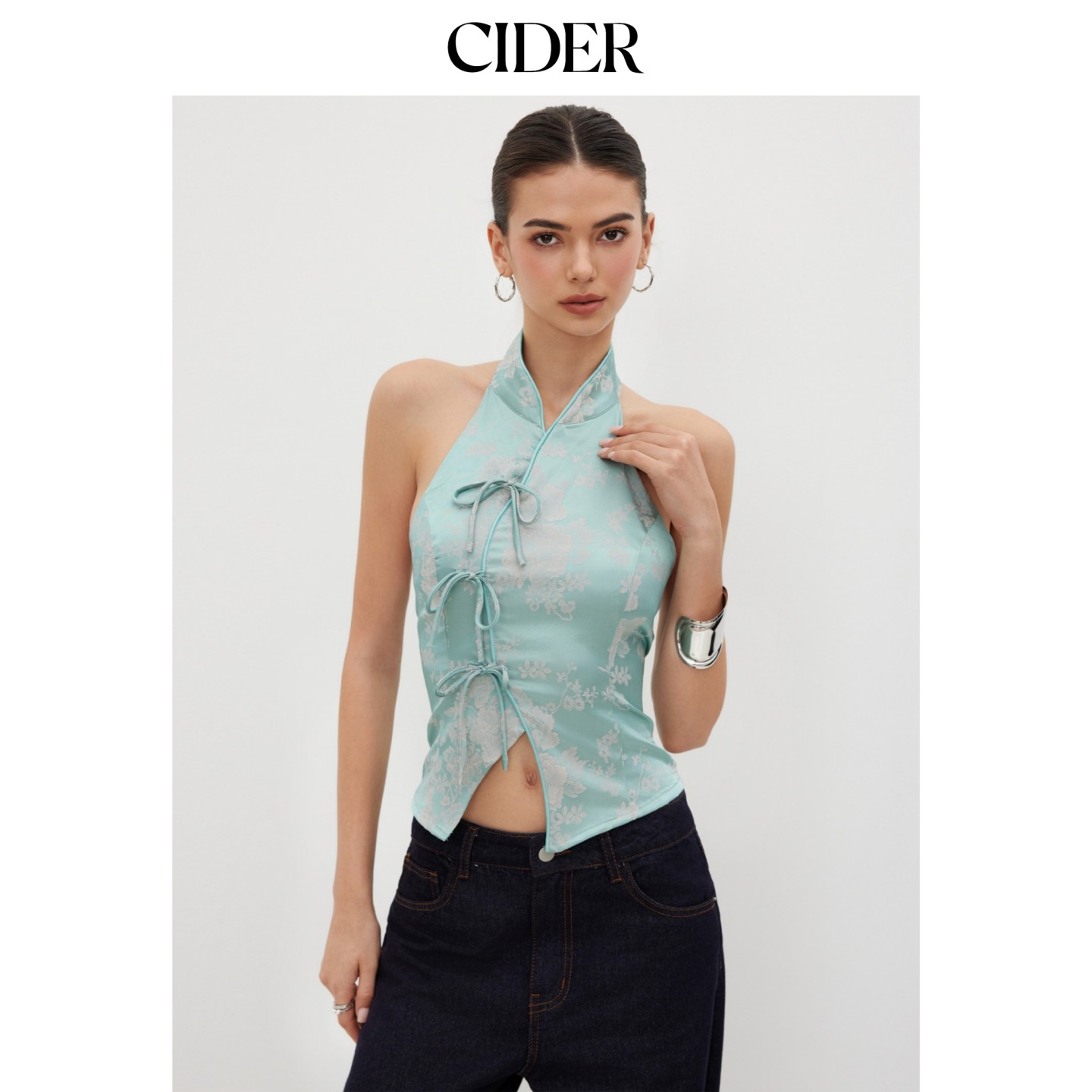 CIDER2026早秋穿搭提花翻领碎花蝴蝶结吊带短款上衣114403228图片