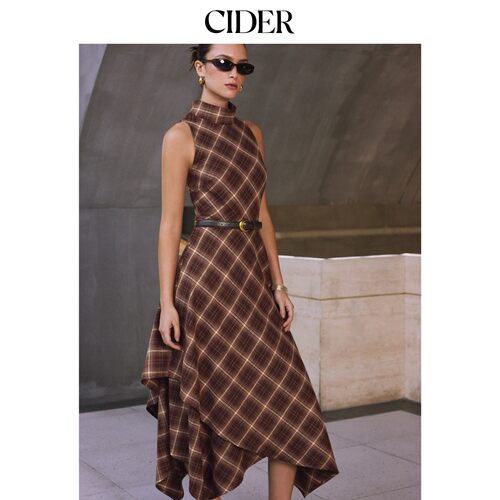 CIDER2026秋季新品格纹高领不对称A字长连衣裙配腰带115650624