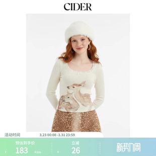 CIDER都市游牧风打底衫 印花圆领蕾丝花边蝴蝶结T恤114820710 女装