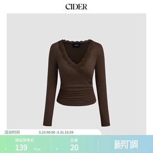 上衣113849815 V领蕾丝饰抽褶长袖 CIDER春秋新品 女装