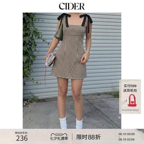 CIDER2026春季新品棉混纺方领蝴蝶结格纹A字迷你连衣裙115220090