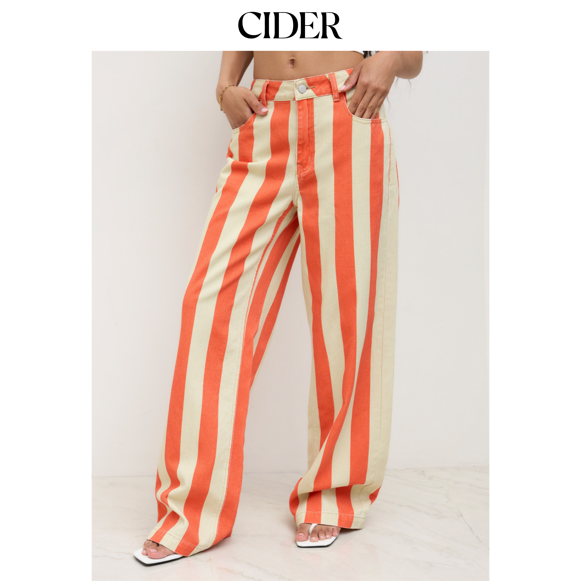 CIDER 春秋女装低腰竖条纹阔腿牛仔裤长款 114602406