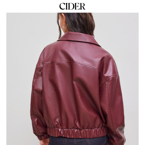 CIDER春秋女装色仿皮翻领口袋拉链短款夹克113508935