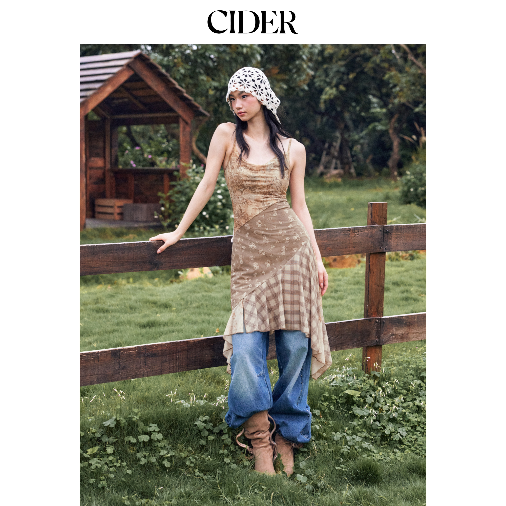 CIDER碎花格纹荡领褶边中长款吊带连衣裙女装114802146图片