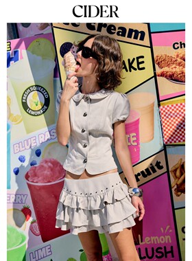 CIDER2026春季新品ootd棉混纺彼得潘翻领泡泡袖上衣套装115200888