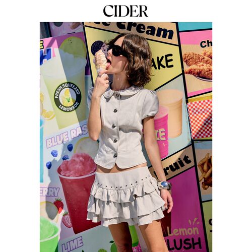 CIDER2026春季新品ootd棉混纺彼得潘翻领泡泡袖上衣套装115200888