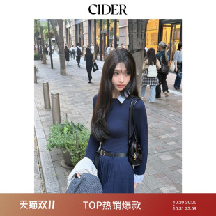 【Arin同款】CIDER学院风针织翻领假两件百褶连衣裙腰带114959219
