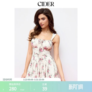 CIDER碎花蕾丝方领褶边蝴蝶结娃娃裙115138658 明星同款