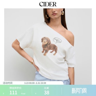 CIDER棉不对称领口褶皱短袖 114323466 斜肩T恤上衣女装