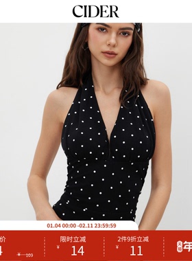 CIDER棉挂脖背心荡领波点褶皱性感外穿上衣114631621