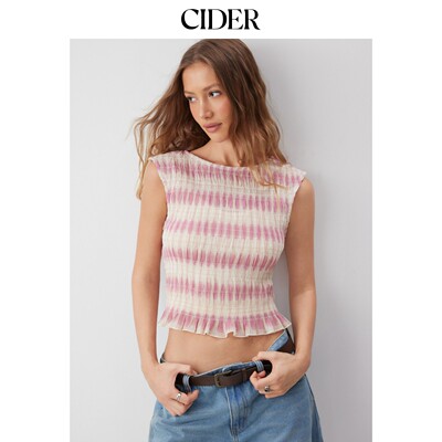 CIDER2026春季新品粉白条纹褶皱短款上衣115235113
