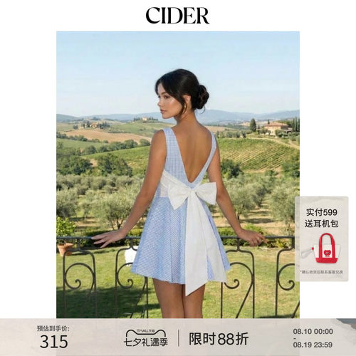 CIDER2026春季新品纯棉混纺船领格纹蝴蝶结迷你连衣裙115232710