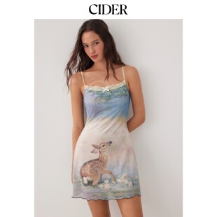 CIDER网纱小鹿印花勺形领蕾丝边蝴蝶结喇叭迷你连衣裙115328522