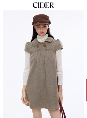 CIDER彼得潘翻领美式复古格子纽扣迷你短袖针织连衣裙114967589
